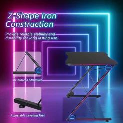 Tangkula Gaming Computer Desk, Z-Shaped Home Office Computer Table with LED Lights & Large Carbon Fiber Surface