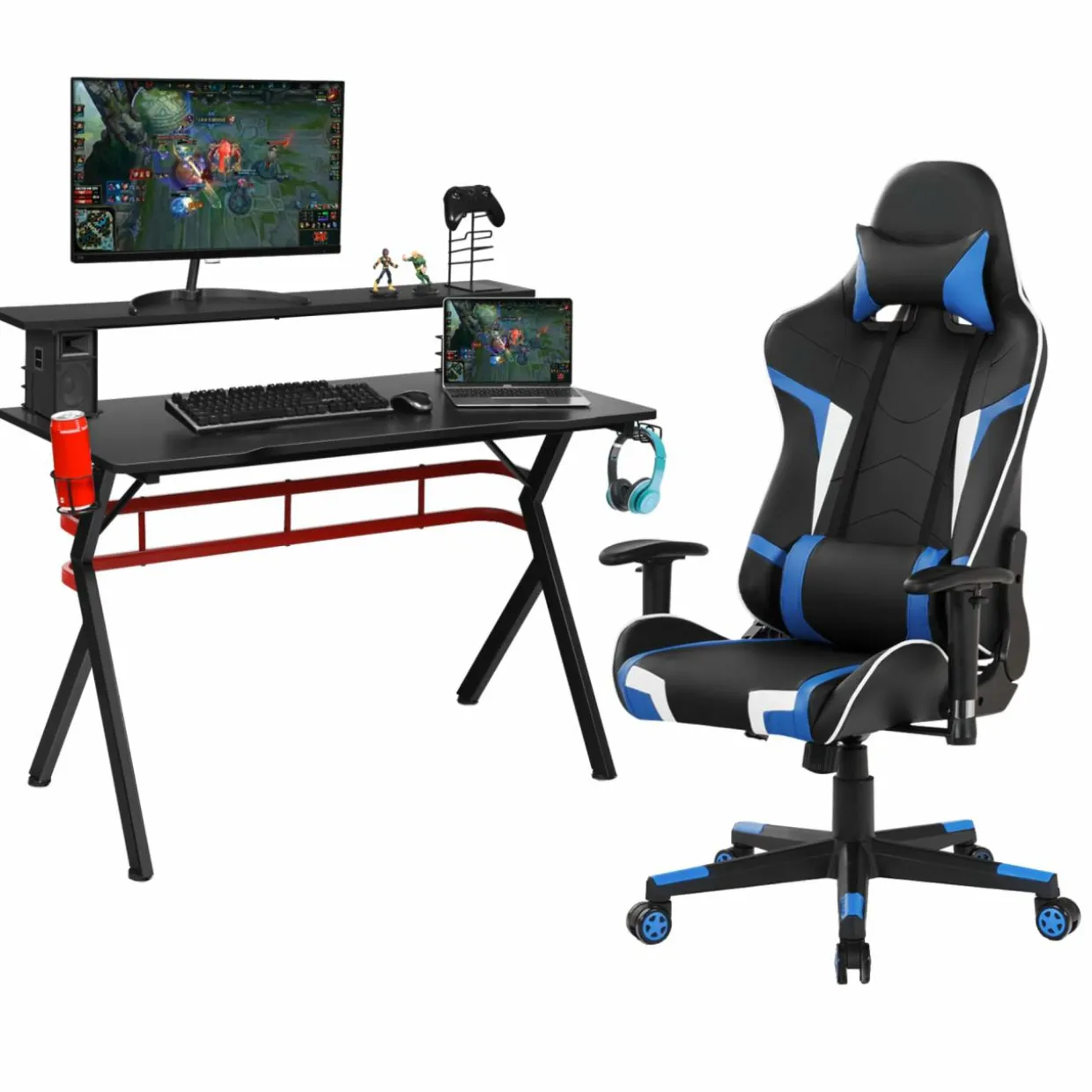 Tangkula Gaming Desk and Chair Set, Ergonomic Gamer Desk & Racing Chair Set Cup Holder, Headphone Hook