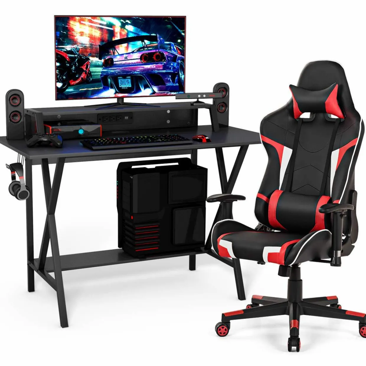 Tangkula Gaming Desk and Chair Set, Ergonomic E-Sport Gamer Desk & Racing Chair Set w/Cup Holder