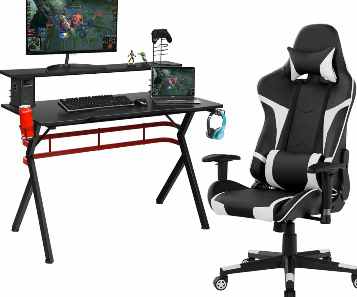 Tangkula Gaming Desk and Chair Set, Ergonomic Gamer Desk & Racing Chair Set Cup Holder, Headphone Hook