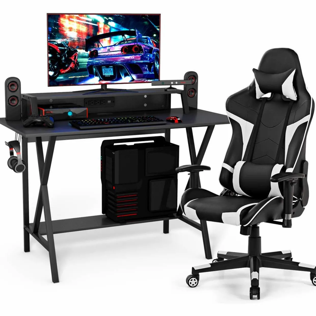 Tangkula Gaming Desk and Chair Set, Ergonomic E-Sport Gamer Desk & Racing Chair Set w/Cup Holder