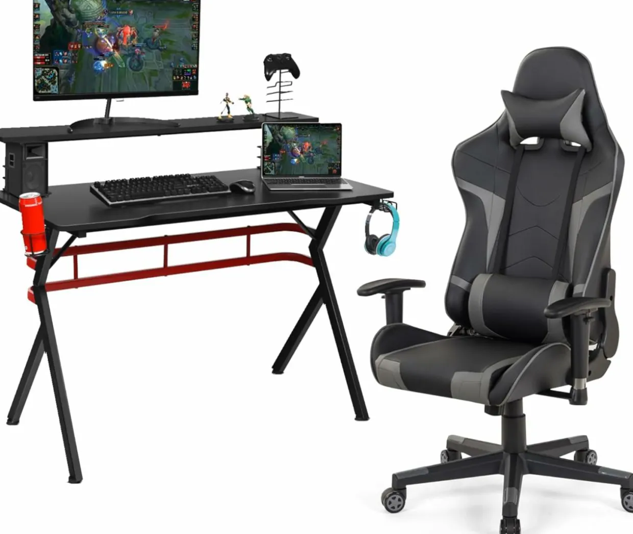 Tangkula Gaming Desk and Chair Set, Ergonomic Gamer Desk & Racing Chair Set Cup Holder, Headphone Hook