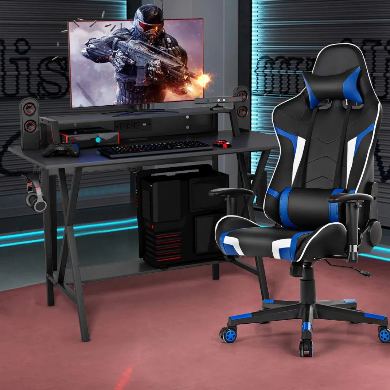 Tangkula Gaming Desk and Chair Set, Ergonomic E-Sport Gamer Desk & Racing Chair Set w/Cup Holder