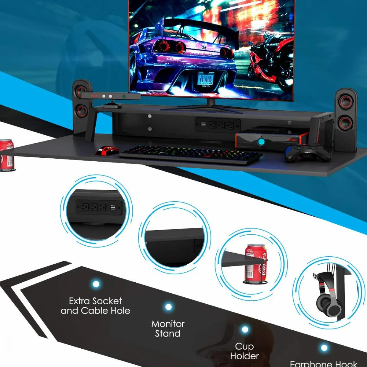 Tangkula Gaming Desk and Chair Set, Ergonomic E-Sport Gamer Desk & Racing Chair Set w/Cup Holder