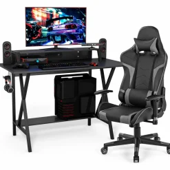 Tangkula Gaming Desk and Chair Set, Ergonomic E-Sport Gamer Desk & Racing Chair Set w/Cup Holder