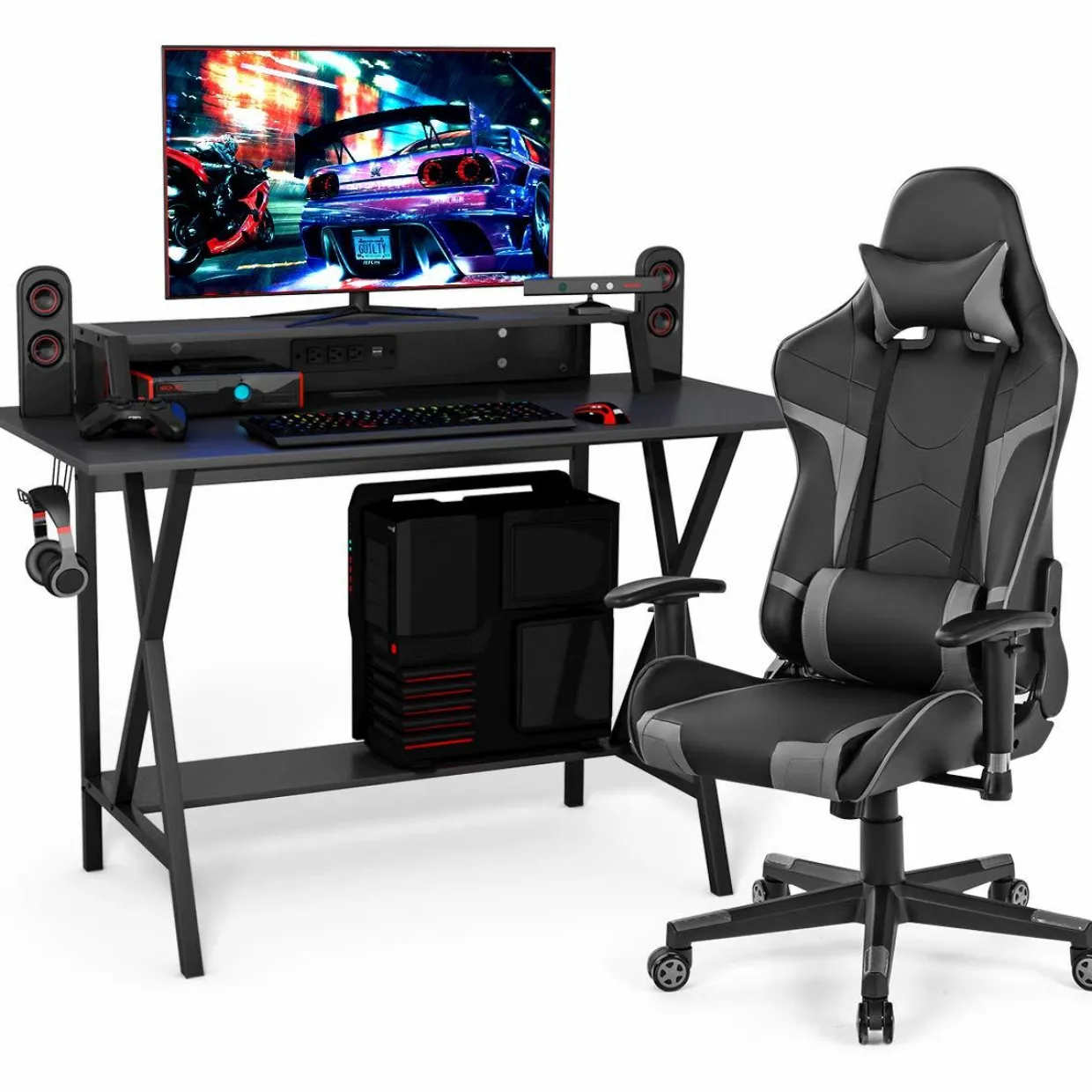 Tangkula Gaming Desk and Chair Set, Ergonomic E-Sport Gamer Desk & Racing Chair Set w/Cup Holder