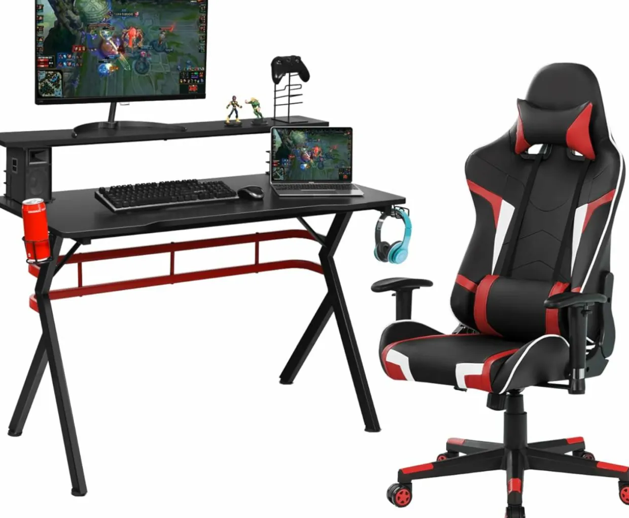 Tangkula Gaming Desk and Chair Set, Ergonomic Gamer Desk & Racing Chair Set Cup Holder, Headphone Hook