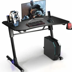 Tangkula Gaming Desk, Height Adjustable Computer Desk w/Blue LED Lights