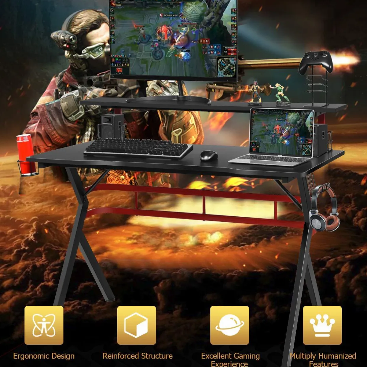 Tangkula Gaming Desk, Professional Gamer Workstation with Cup Holder, Headphone Hook, Handle Rack