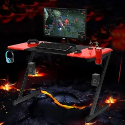 Tangkula Gaming Desk, Z-Shaped Computer Desk Professional Gamer Workstation with PVC Blow Molding Textured Surface