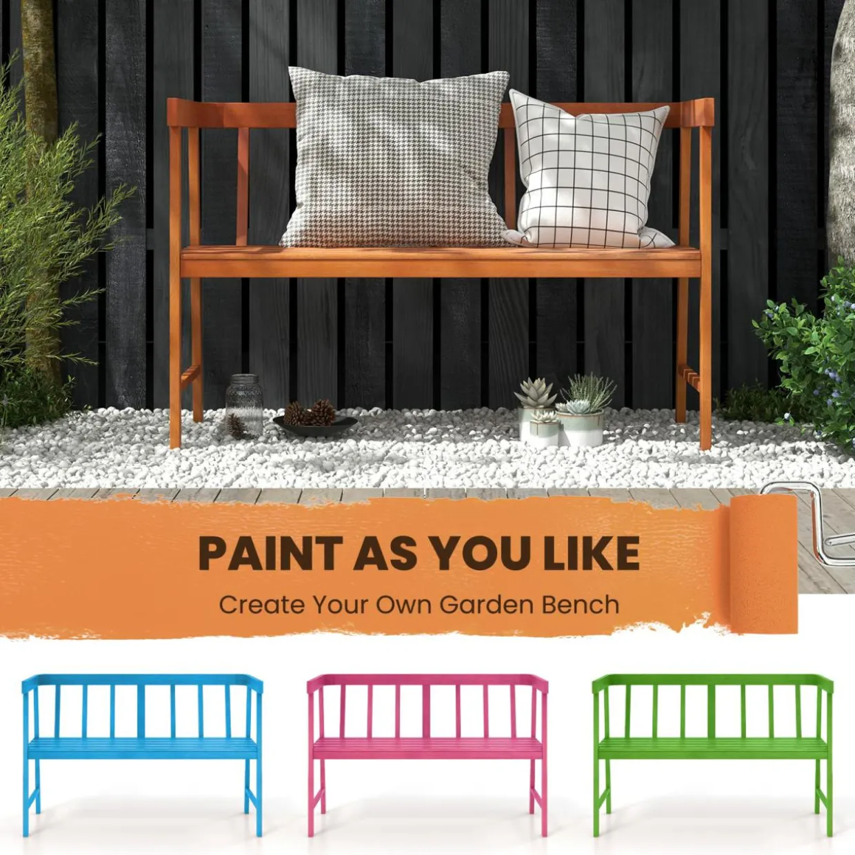 Tangkula Garden Bench with Slatted Seat for Porch, Park, Backyard