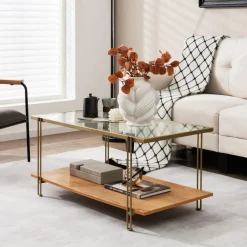 Tangkula Glass Coffee Table, 40In Mid Century 2 Tier Rectangle Coffee Table