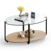 Tangkula Glass Coffee Table, 2 Tier Oval Tea Table with Tempered Glass Tabletop and Wooden Shelf