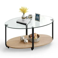 Tangkula Glass Coffee Table, 2 Tier Oval Tea Table with Tempered Glass Tabletop and Wooden Shelf