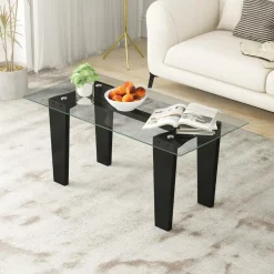 Tangkula Glass Coffee Table, 39.5 Inch Modern Rectangular Center Table with Solid Rubber Wood Leg(Rectangular, Black)