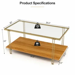 Tangkula Glass Coffee Table, 40In Mid Century 2 Tier Rectangle Coffee Table