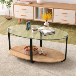Tangkula Glass Coffee Table, 2 Tier Oval Tea Table with Tempered Glass Tabletop and Wooden Shelf