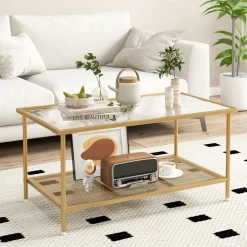 Tangkula Glass Coffee Table, 2-Tier Rectangular Tempered Glass Center Table
