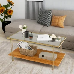 Tangkula Glass Coffee Table, 40In Mid Century 2 Tier Rectangle Coffee Table