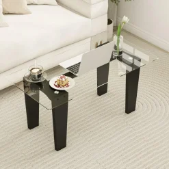 Tangkula Glass Coffee Table, 39.5 Inch Modern Rectangular Center Table with Solid Rubber Wood Leg(Rectangular, Black)