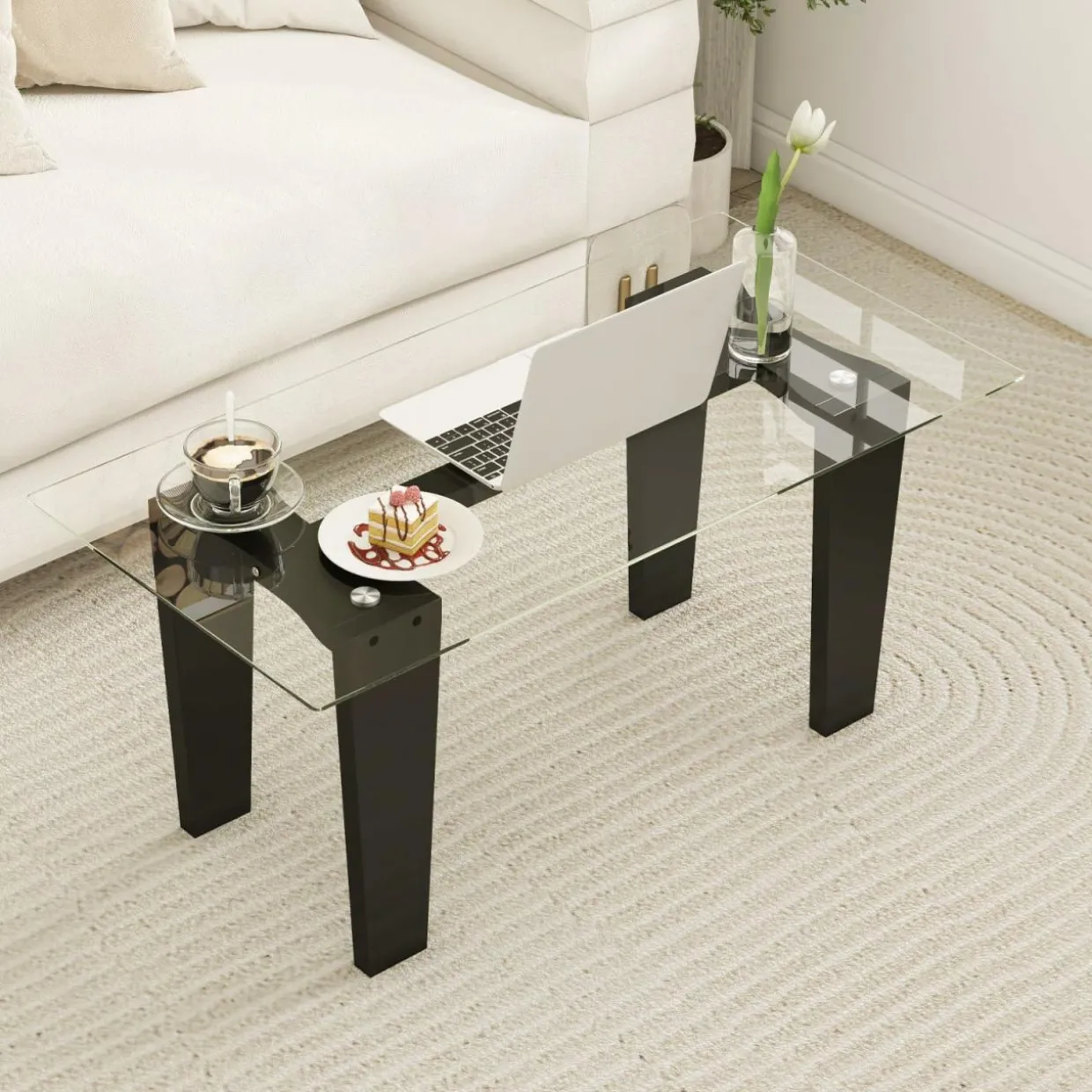 Tangkula Glass Coffee Table, 39.5 Inch Modern Rectangular Center Table with Solid Rubber Wood Leg(Rectangular, Black)