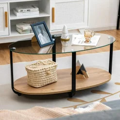 Tangkula Glass Coffee Table, 2 Tier Oval Tea Table with Tempered Glass Tabletop and Wooden Shelf