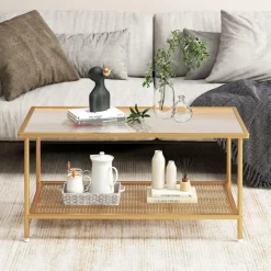 Tangkula Glass Coffee Table, 2-Tier Rectangular Tempered Glass Center Table