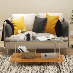 Tangkula Glass Coffee Table, 40In Mid Century 2 Tier Rectangle Coffee Table