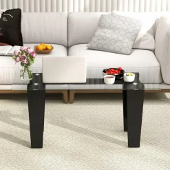 Tangkula Glass Coffee Table, 39.5 Inch Modern Rectangular Center Table with Solid Rubber Wood Leg(Rectangular, Black)