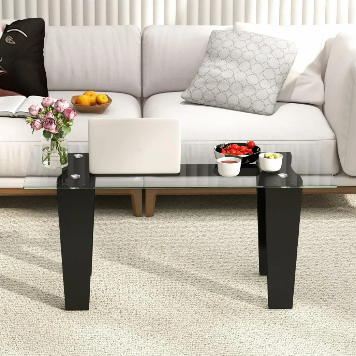 Tangkula Glass Coffee Table, 39.5 Inch Modern Rectangular Center Table with Solid Rubber Wood Leg(Rectangular, Black)