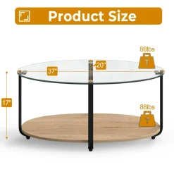 Tangkula Glass Coffee Table, 2 Tier Oval Tea Table with Tempered Glass Tabletop and Wooden Shelf