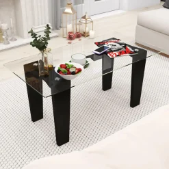 Tangkula Glass Coffee Table, 39.5 Inch Modern Rectangular Center Table with Solid Rubber Wood Leg(Rectangular, Black)