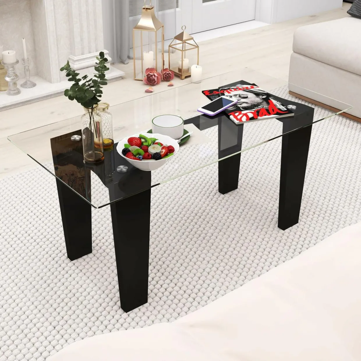 Tangkula Glass Coffee Table, 39.5 Inch Modern Rectangular Center Table with Solid Rubber Wood Leg(Rectangular, Black)