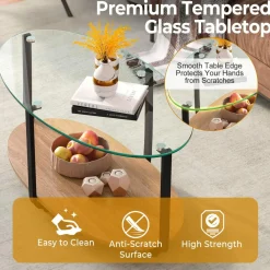 Tangkula Glass Coffee Table, 2 Tier Oval Tea Table with Tempered Glass Tabletop and Wooden Shelf