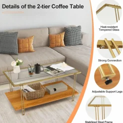 Tangkula Glass Coffee Table, 40In Mid Century 2 Tier Rectangle Coffee Table