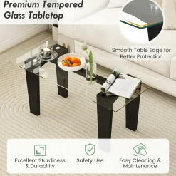 Tangkula Glass Coffee Table, 39.5 Inch Modern Rectangular Center Table with Solid Rubber Wood Leg(Rectangular, Black)