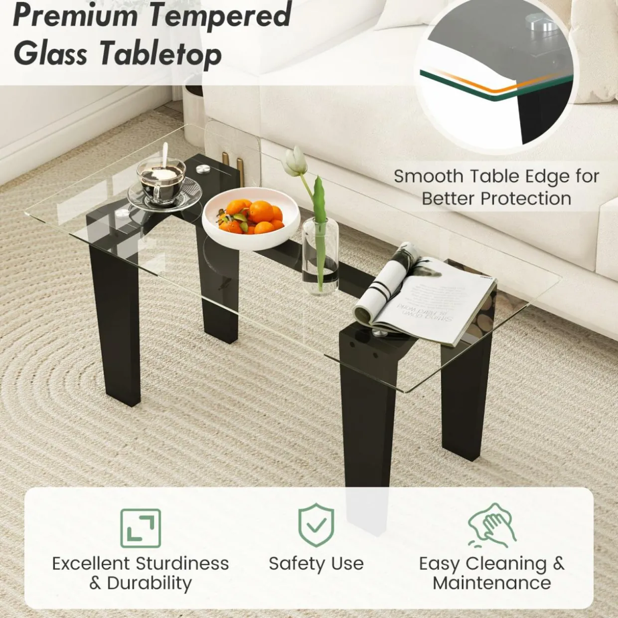 Tangkula Glass Coffee Table, 39.5 Inch Modern Rectangular Center Table with Solid Rubber Wood Leg(Rectangular, Black)