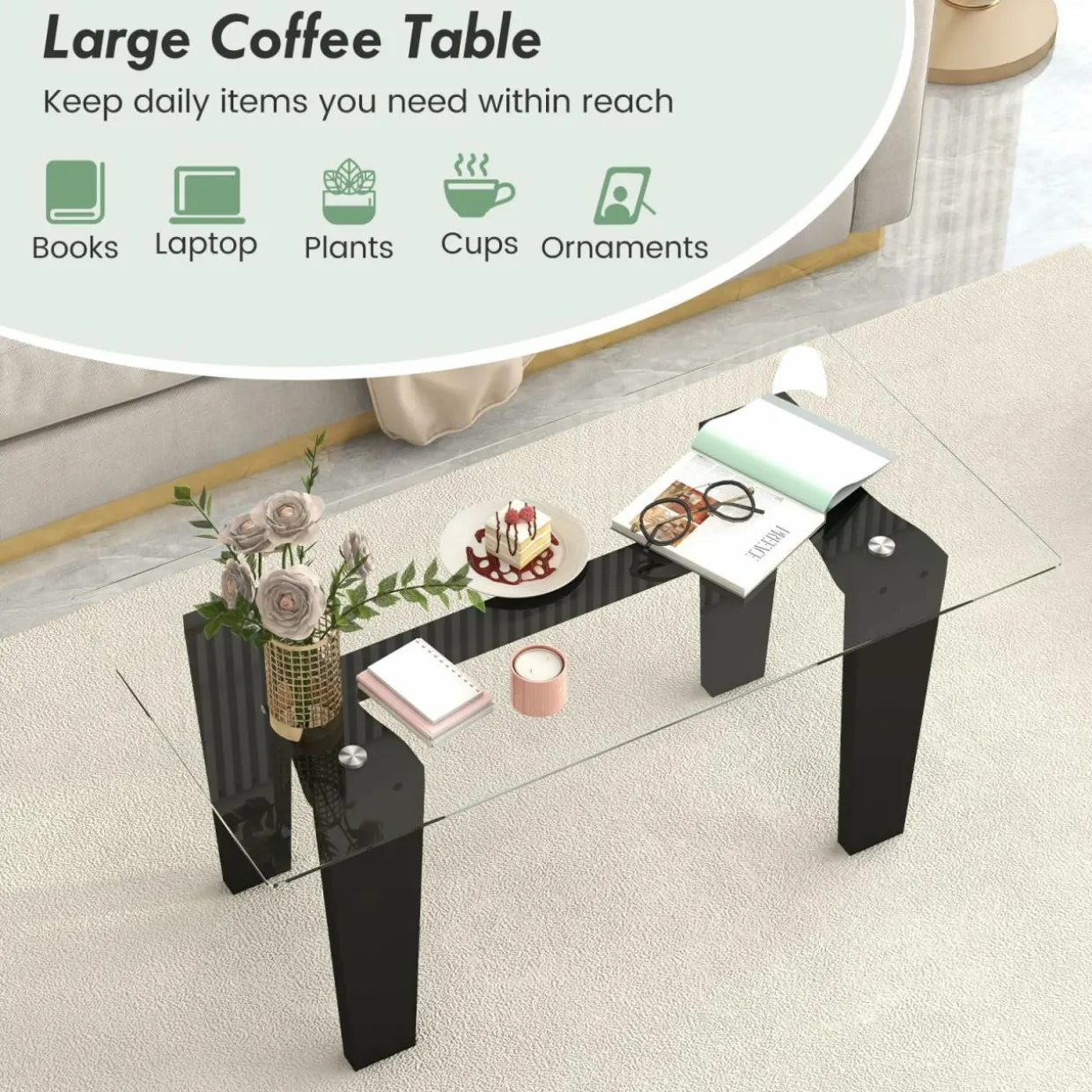 Tangkula Glass Coffee Table, 39.5 Inch Modern Rectangular Center Table with Solid Rubber Wood Leg(Rectangular, Black)