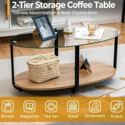 Tangkula Glass Coffee Table, 2 Tier Oval Tea Table with Tempered Glass Tabletop and Wooden Shelf