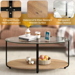 Tangkula Glass Coffee Table, 2 Tier Oval Tea Table with Tempered Glass Tabletop and Wooden Shelf
