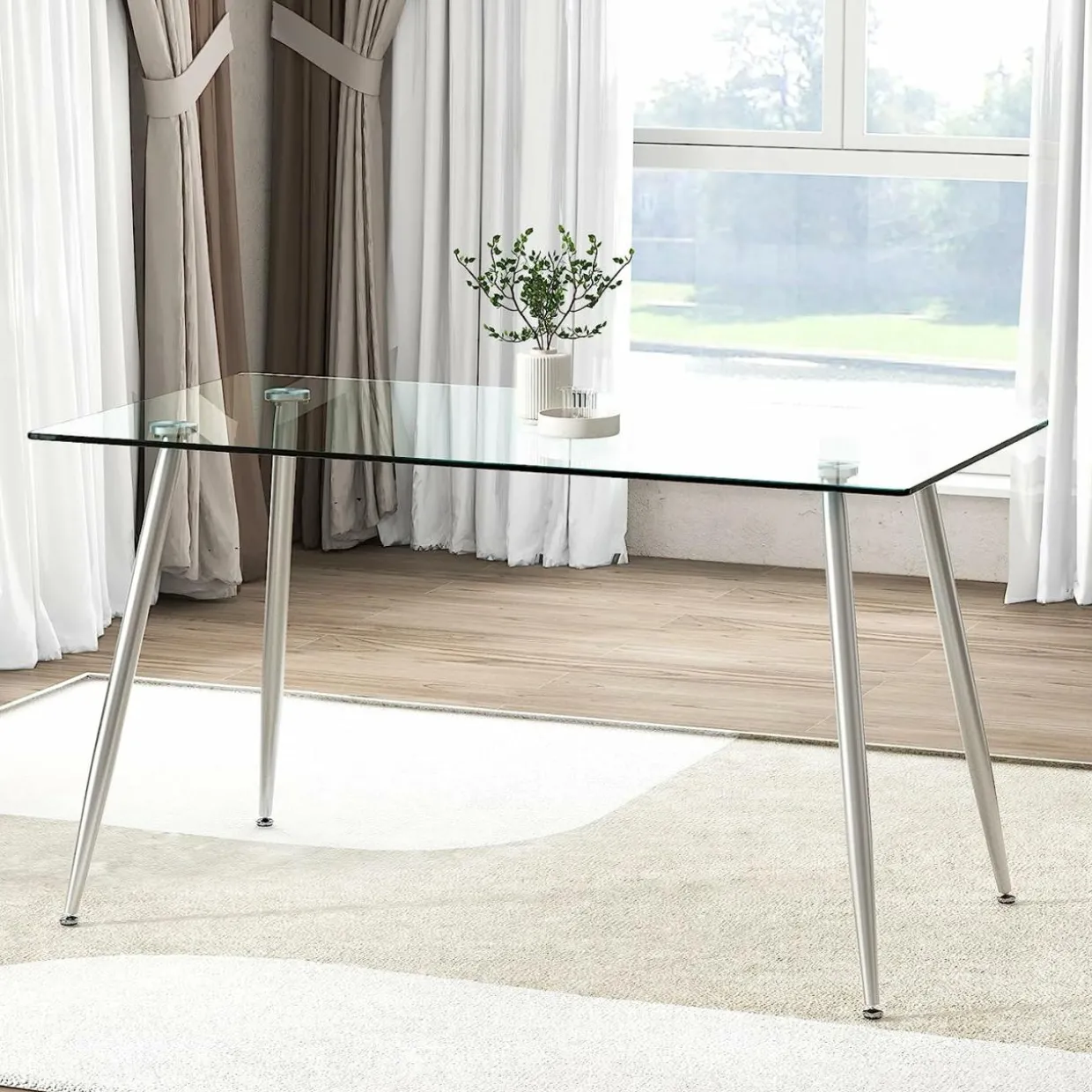 Tangkula Glass Dining Table, Modern Rectangular Table