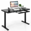 Tangkula Glass Standing Desk with Drawer, 48” x 24” Height Adjustable Electric Stand Up Desk with Tempered Glass Top