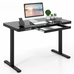 Tangkula Glass Standing Desk with Drawer, 48” x 24” Height Adjustable Electric Stand Up Desk with Tempered Glass Top
