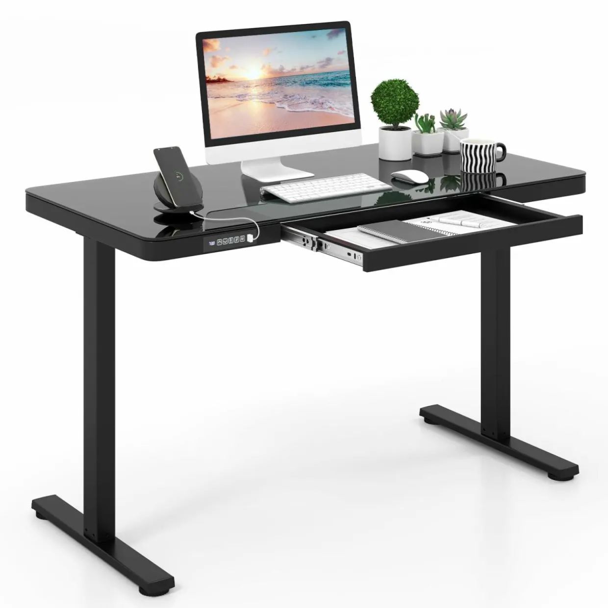 Tangkula Glass Standing Desk with Drawer, 48” x 24” Height Adjustable Electric Stand Up Desk with Tempered Glass Top