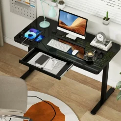 Tangkula Glass Standing Desk with Drawer, 48” x 24” Height Adjustable Electric Stand Up Desk with Tempered Glass Top