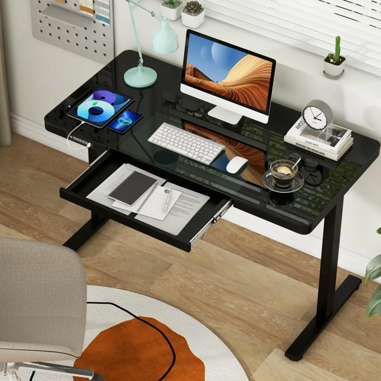 Tangkula Glass Standing Desk with Drawer, 48” x 24” Height Adjustable Electric Stand Up Desk with Tempered Glass Top