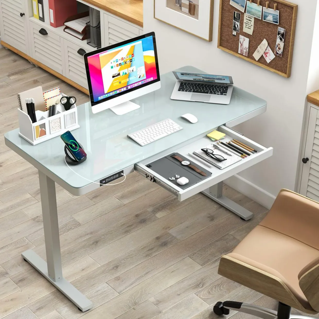 Tangkula Glass Standing Desk with Drawer, 48” x 24” Height Adjustable Electric Stand Up Desk with Tempered Glass Top