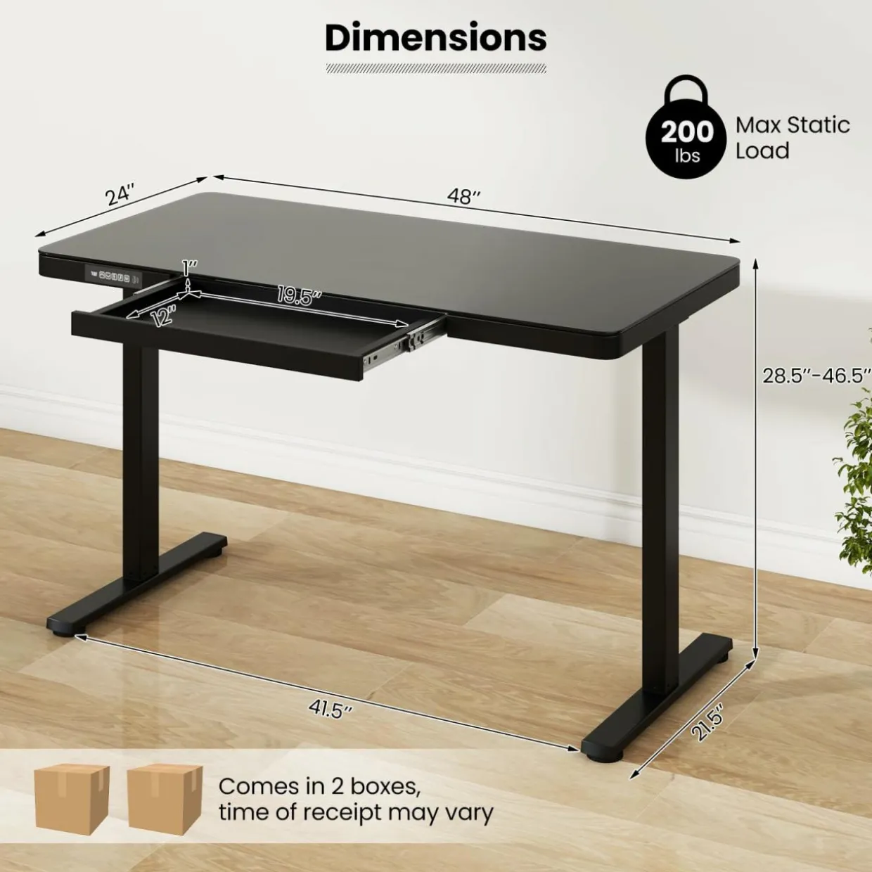 Tangkula Glass Standing Desk with Drawer, 48” x 24” Height Adjustable Electric Stand Up Desk with Tempered Glass Top