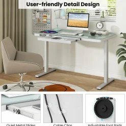 Tangkula Glass Standing Desk with Drawer, 48” x 24” Height Adjustable Electric Stand Up Desk with Tempered Glass Top