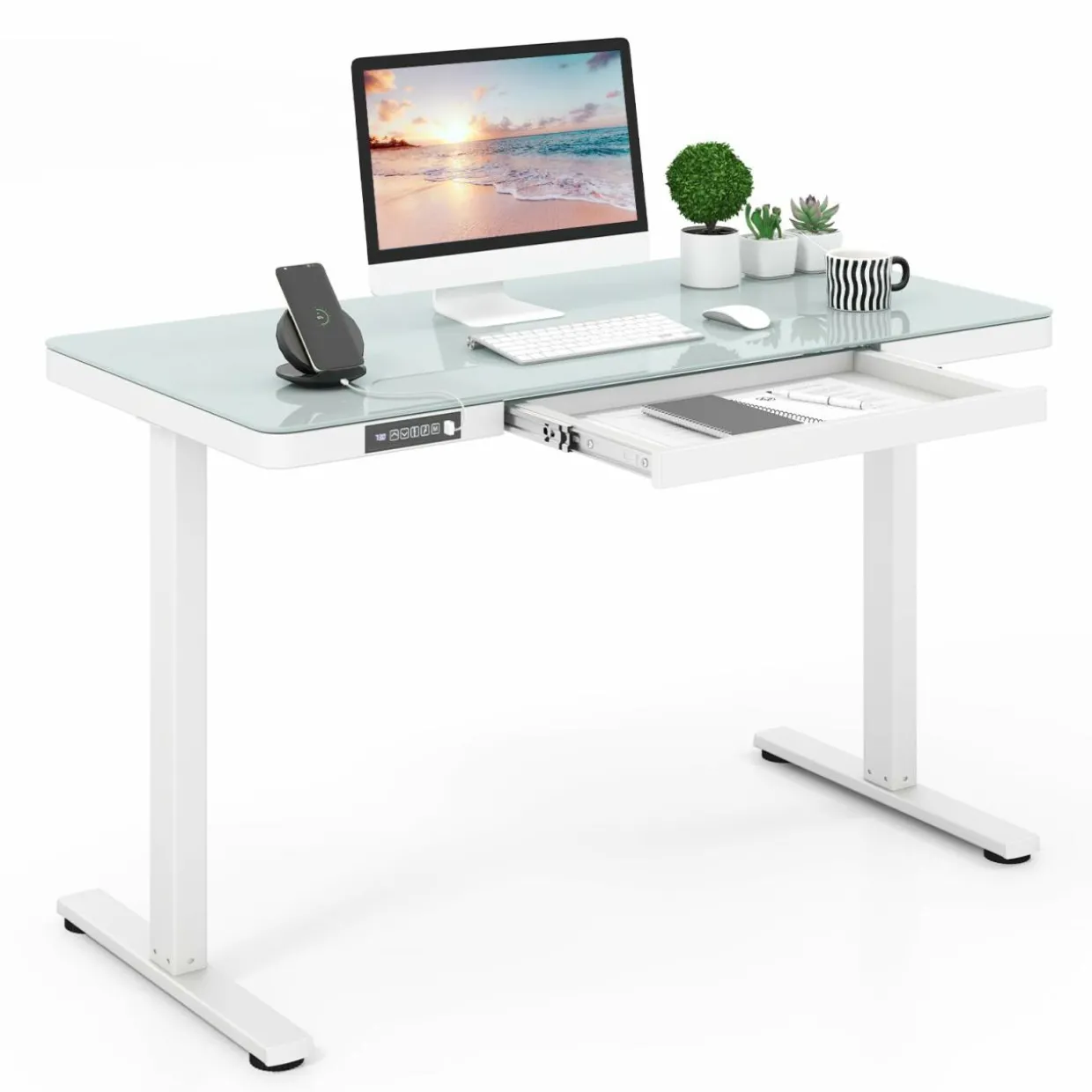 Tangkula Glass Standing Desk with Drawer, 48” x 24” Height Adjustable Electric Stand Up Desk with Tempered Glass Top